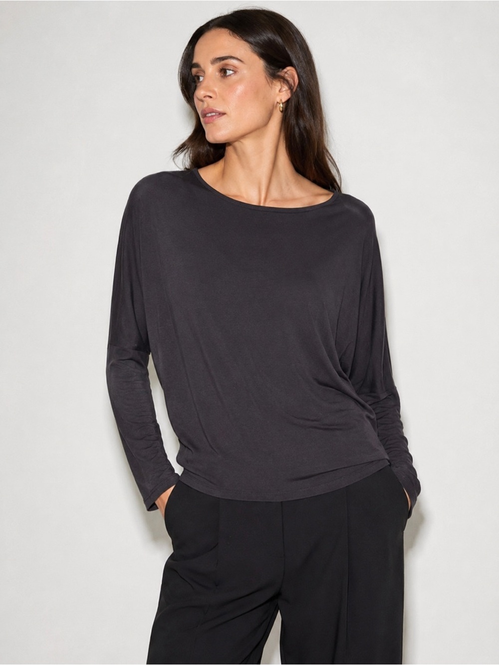 Vince XS Black Mixed Media Boat Neck Top Silk Back Viscose Long Sleeve